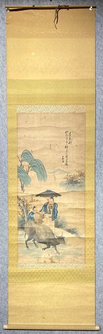 日本明治时期南画老立轴《杏花村问路图》
