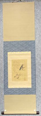 日本回流 明治时期南画 孝凤笔 绢本水墨柳燕图 茶挂立轴