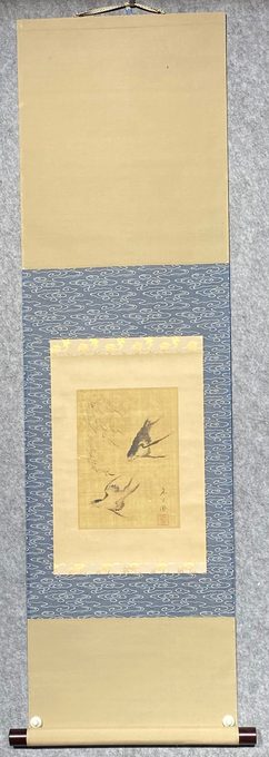 日本回流 明治时期南画 孝凤笔 绢本水墨柳燕图 茶挂立轴