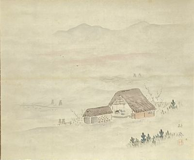 日本回流「研斋」田园山居图立轴