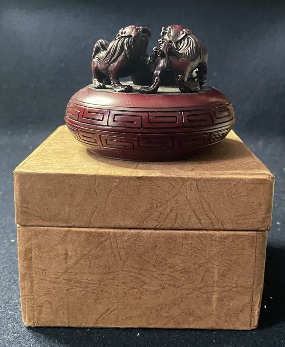 三狮钮木雕印泥盒（朱砂印泥套装）