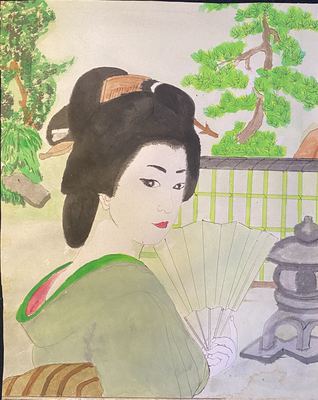 日本回流手绘水彩美人画｜庭院执扇和服女子小品