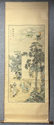 绢本《五福临门》原装立轴