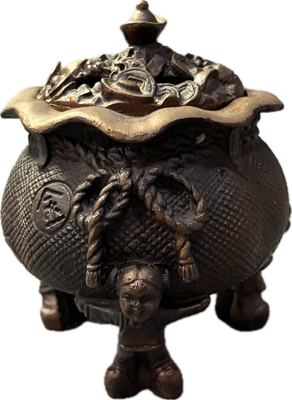 日本回流 童子驮宝袋铜香炉（聚宝盆香薰炉）