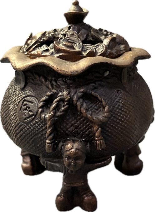 日本回流 童子驮宝袋铜香炉(聚宝盆香薰炉)