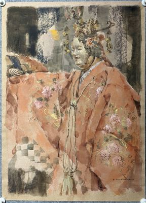 日本昭和时期 能乐人物水彩画