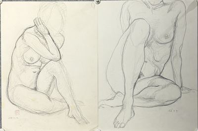 昭和画家两张人体铅笔素描，1983年现场写生手稿