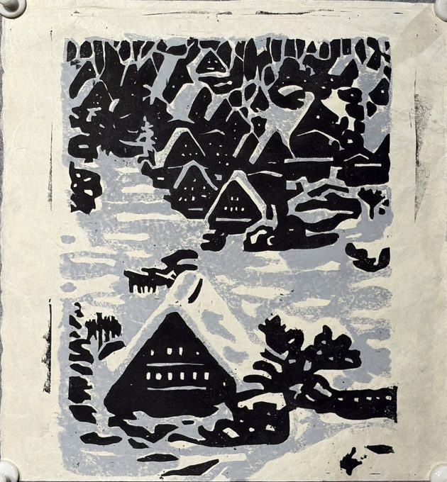 雪乡合掌屋（套色木刻版画）