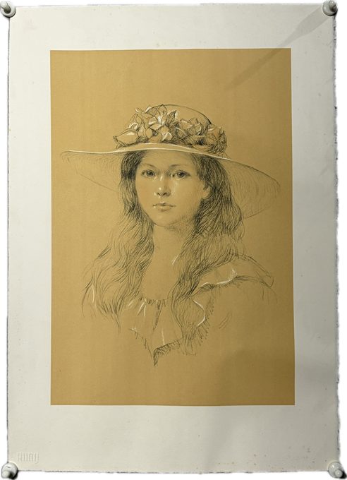 戴花帽少女肖像版画(石版印刷)