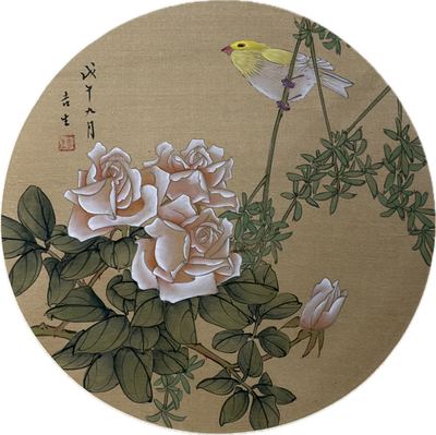 工笔花鸟圆片一对（山茶月季鸣禽）