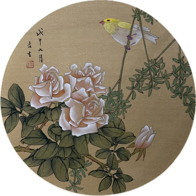 工笔花鸟圆片一对(山茶月季鸣禽)