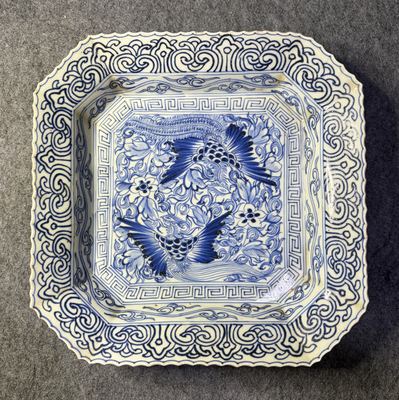 古伊万里青花双凤纹倭角菱口方盘