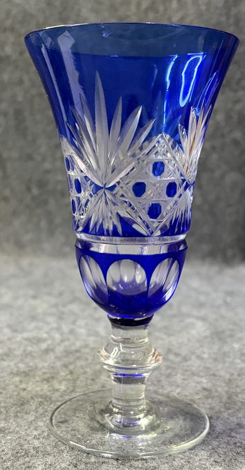 昭和钴蓝套色切子水晶高脚杯