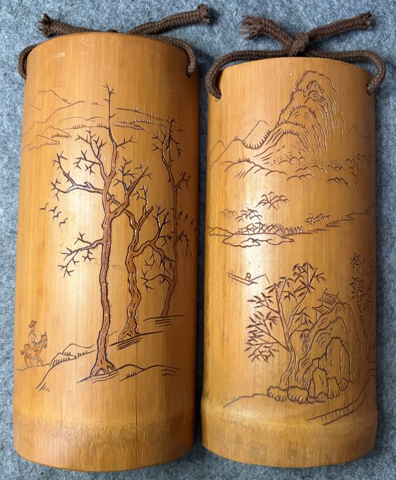 蹄石作 手刻山水老竹茶则一对