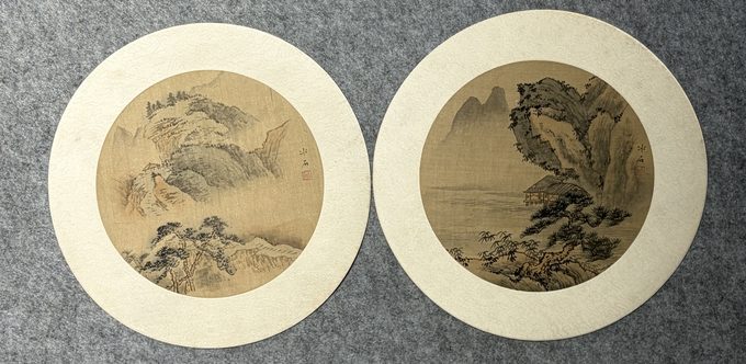 冰石 绢本山水圆扇面对幅
