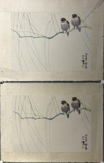 徐悲鸿《双雀·柳雀图》木版水印一对