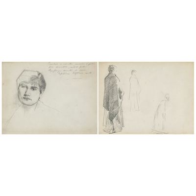 Study of a Head and Studies of Venetian Female Models a Double Sided Work