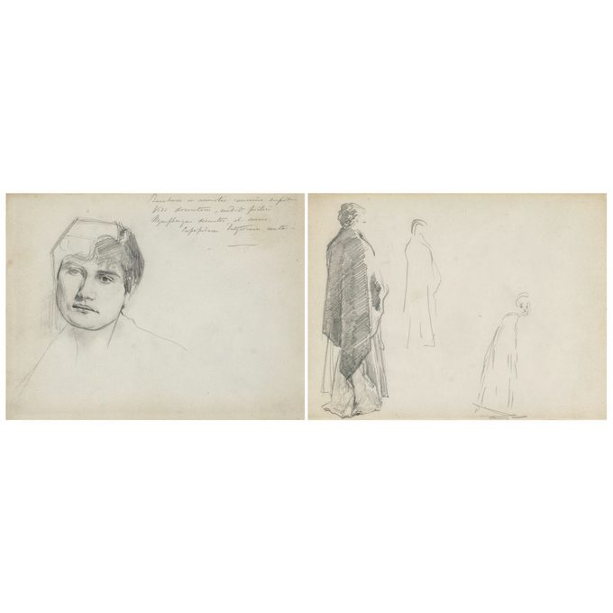 Study of a Head and Studies of Venetian Female Models a Double Sided Work