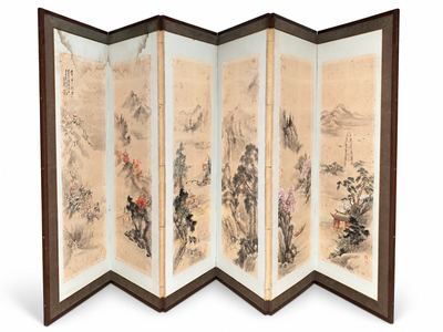 六曲通景四季山水屏风