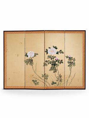 绢本手绘牡丹四曲屏风