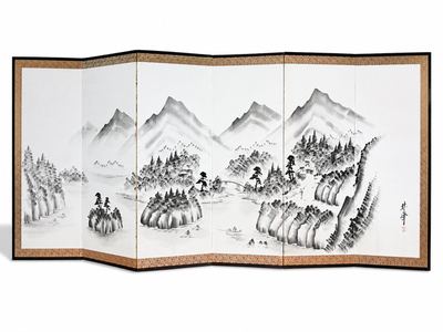 六曲通景水墨山水屏风