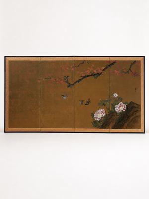 四曲金箔花鸟屏风
