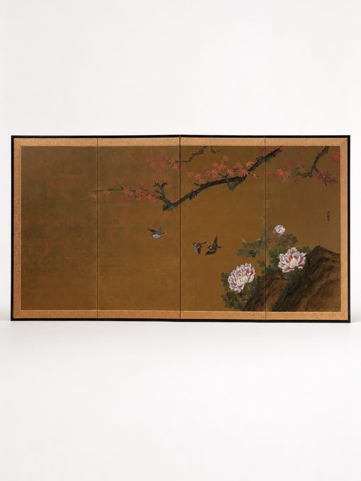 四曲金箔花鸟屏风