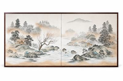 二曲山水屏风｜溪山春涧