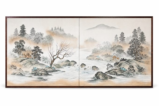 二曲山水屏风|溪山春涧