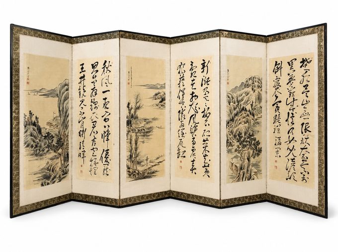 手绘 山水书法六曲屏风