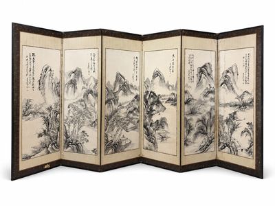 南画六曲山水屏风