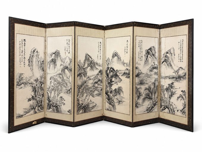 南画六曲山水屏风