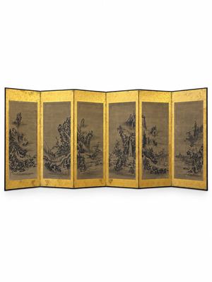 六曲金箔水墨山水屏风