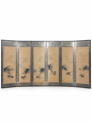 六曲银箔水墨山水屏风