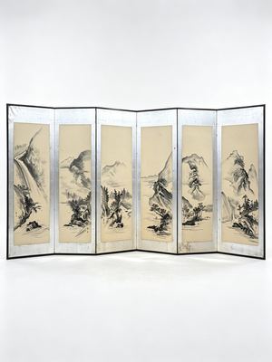 六曲通景水墨山水屏风